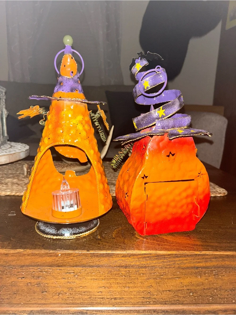 Vtg whimsical metal jack-o'-lantern’s tea light lanterns, Witch And Pumpkin